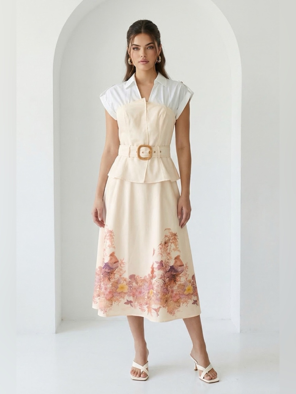 Women's Cream Midi Dress with Floral Hem and Belt